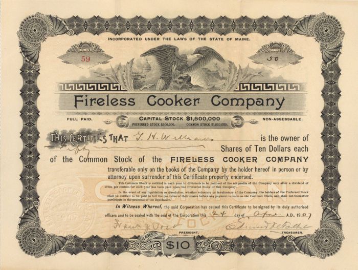 Fireless Cooker Co. - Stock Certificate