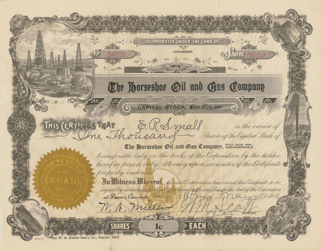 Horseshoe Oil and Gas Co. - Stock Certificate