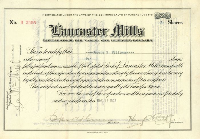 Lancaster Mills - Stock Certificate