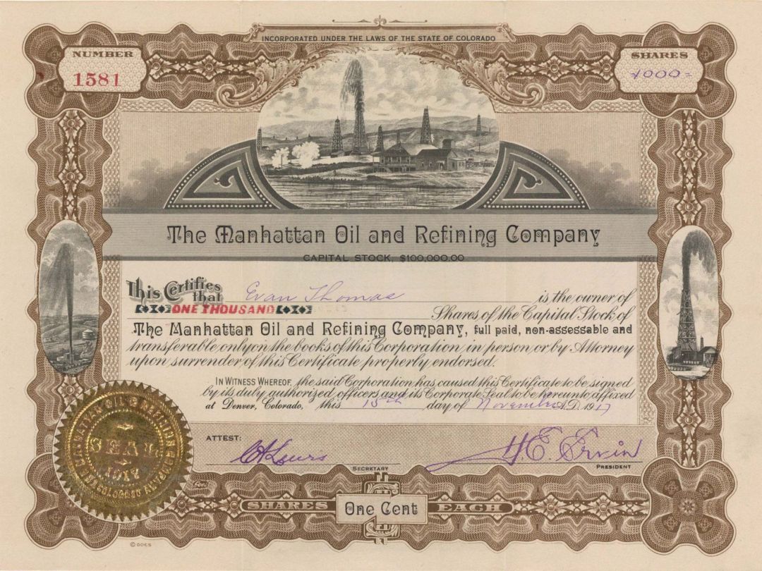 Manhattan Oil and Refining Co. - 1917 or 1919 dated Stock Certificate