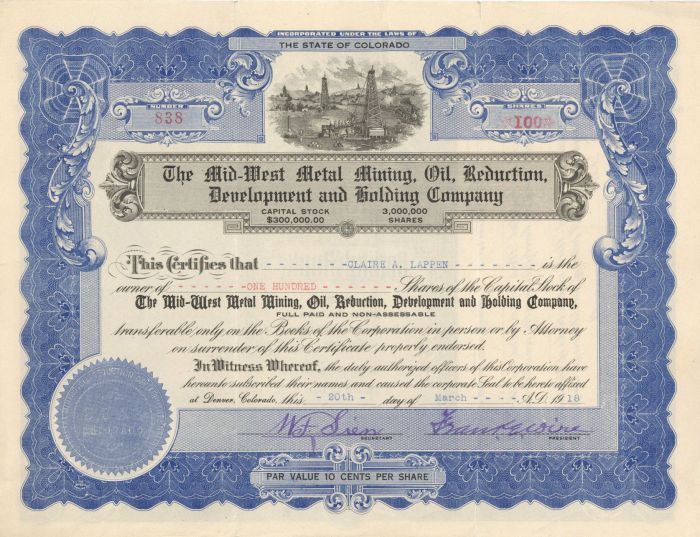 Mid-West Metal Mining, Oil, Reduction, Development and Holding Co. - Stock Certificate