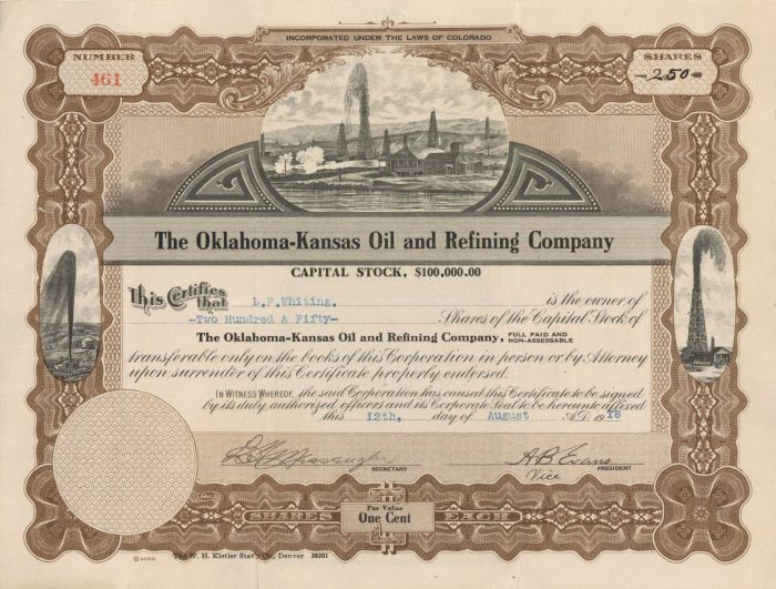 Oklahoma-Kansas Oil and Refining Co. - Oil Stock Certificate