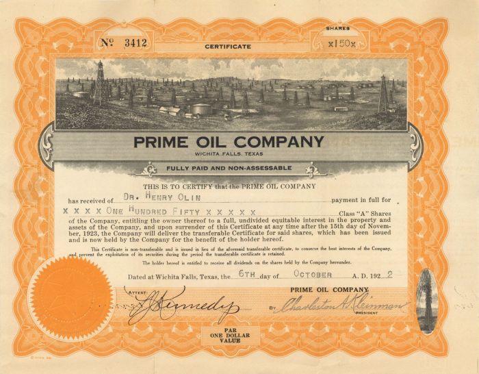 Prime Oil Co. - Stock Certificate