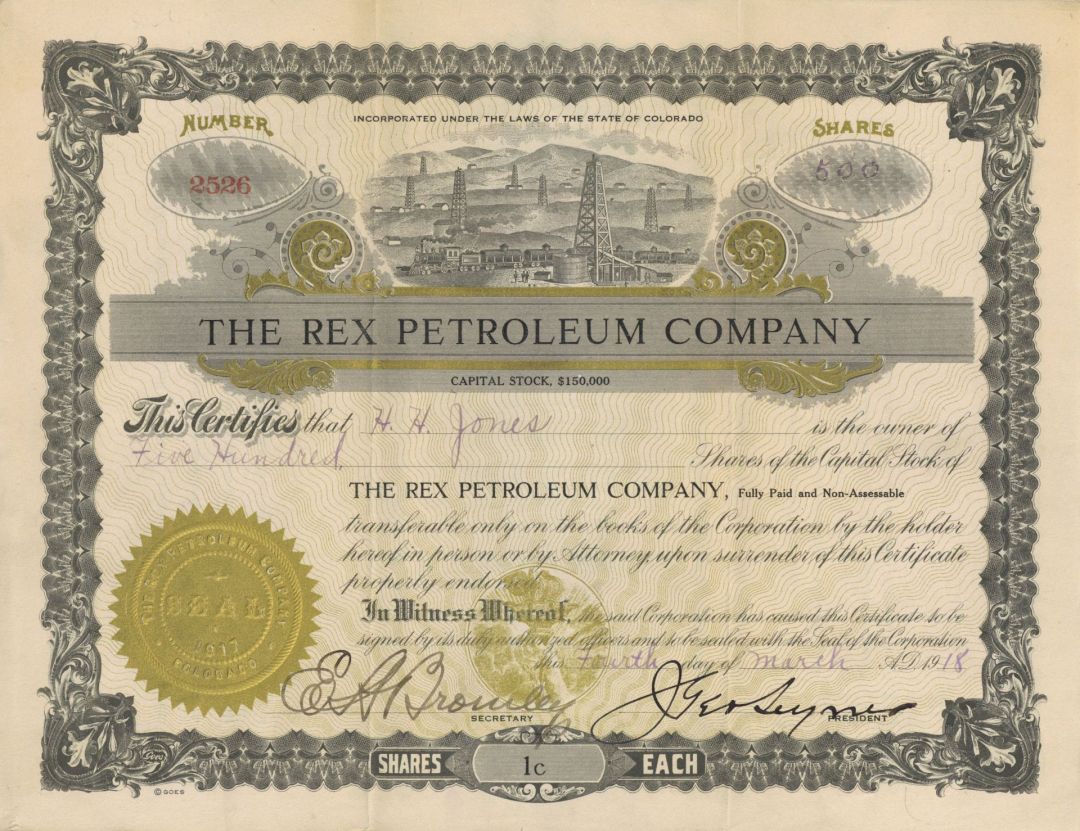 Rex Petroleum Co. - 1918 dated Colorado Oil Stock Certificate