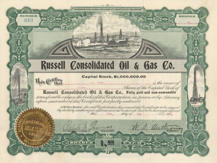 Russell Consolidated Oil and Gas Co. - Stock Certificate