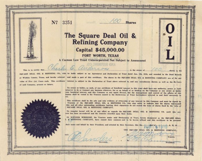 Square Deal Oil and Refining Co. - Stock Certificate