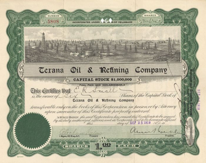 Texana Oil and Refining Co. - Stock Certificate