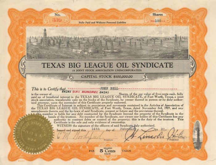 Texas Big League Oil Syndicate - Stock Certificate