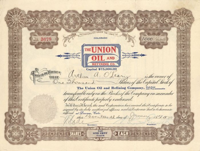 Union Oil and Refining Co. - Colorado Oil Stock Certificate