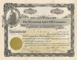 Wyoming Apex Oil Co. - 1910's dated Colorado Oil Stock Certificate