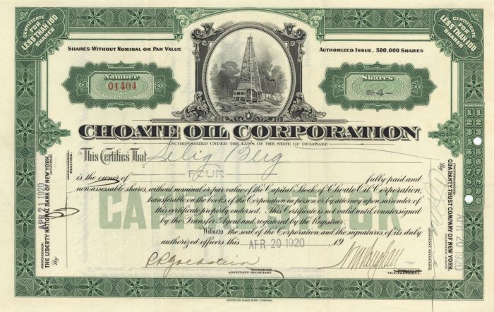 Choate Oil Corporation - Stock Certificate