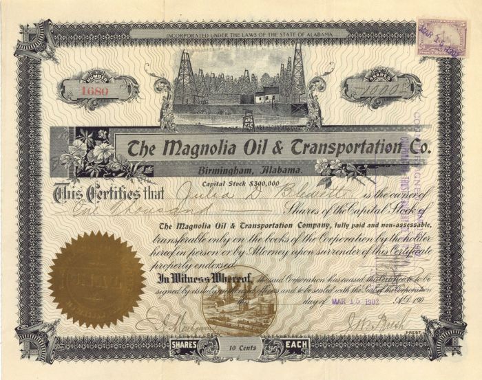 Magnolia Oil and Transportation Co. - Stock Certificate