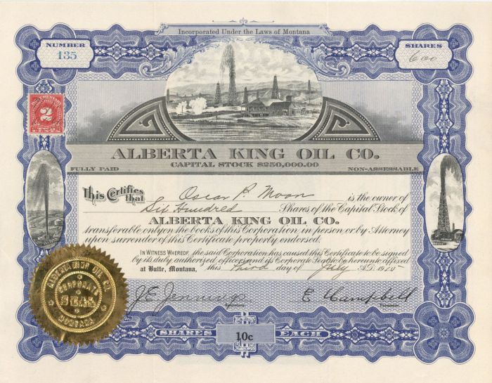 Alberta King Oil Co. - Stock Certificate