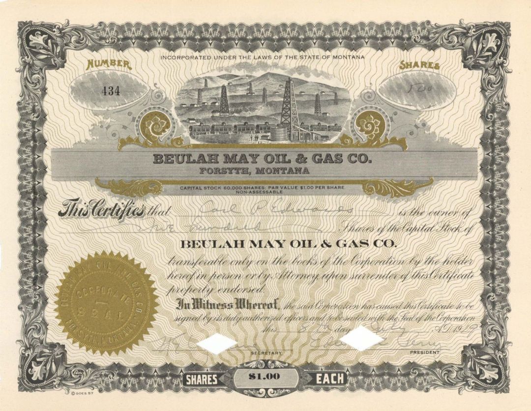 Beulah May Oil and Co. - 1919 dated Stock Certificate