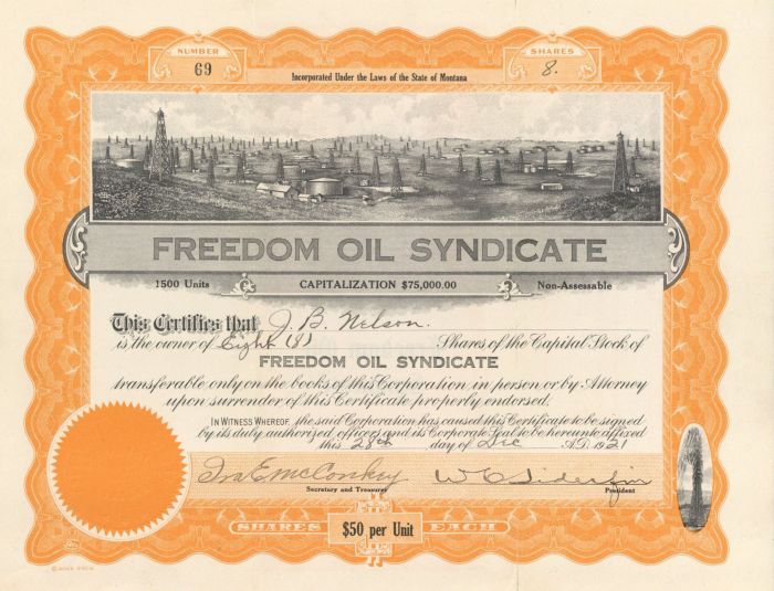 Freedom Oil Syndicate - Montana Oil Stock Certificate