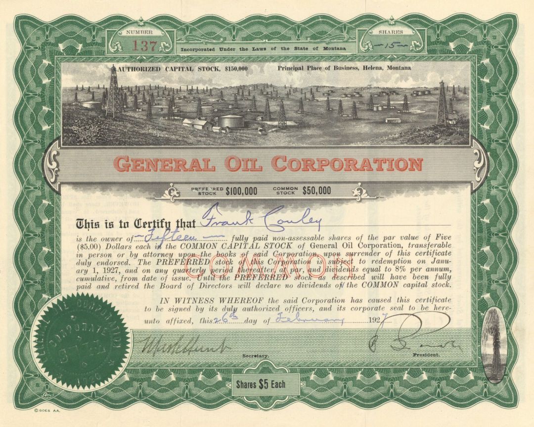 General Oil Corporation - 1927 dated Stock Certificate - Only 1 Left - Helena, Montana