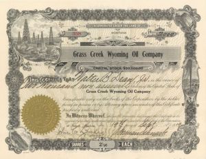 Grass Creek Wyoming Oil Co. - Montana Oil Stock Certificate