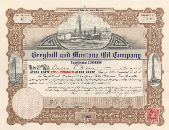 Greybull and Montana Oil Co. - Stock Certificate