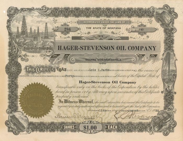 Hager-Stevenson Oil Co. - Stock Certificate