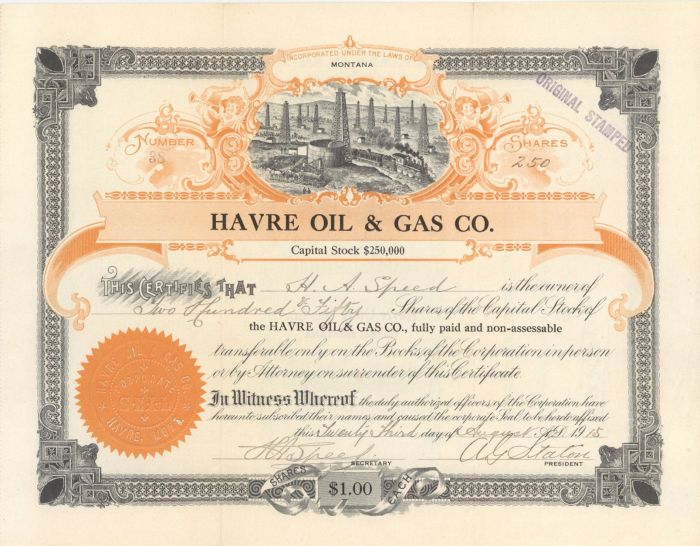 Havre Oil and Gas Co. - Montana Oil Stock Certificate