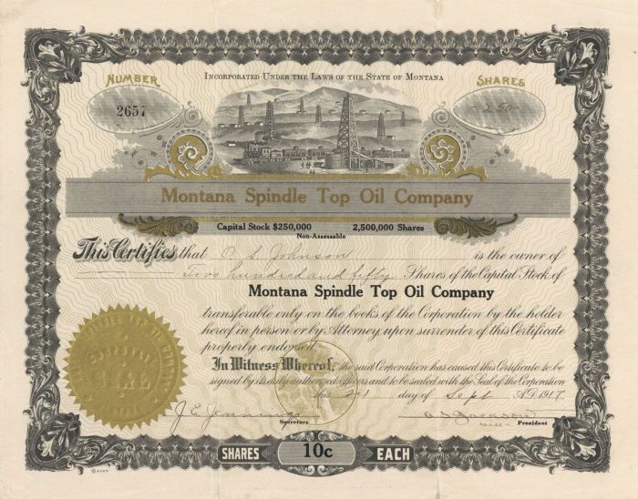 Montana Spindle Top Oil Co. - Stock Certificate