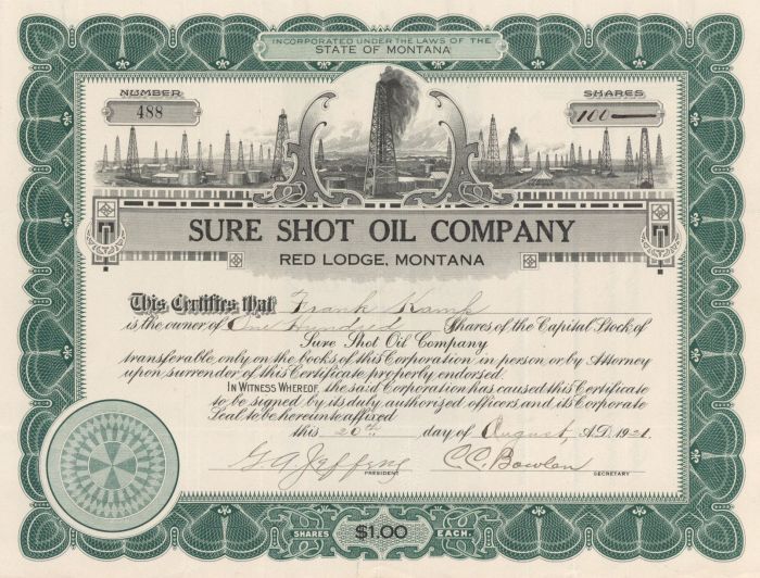 Sure Shot Oil Co. - Montana Oil Stock Certificate