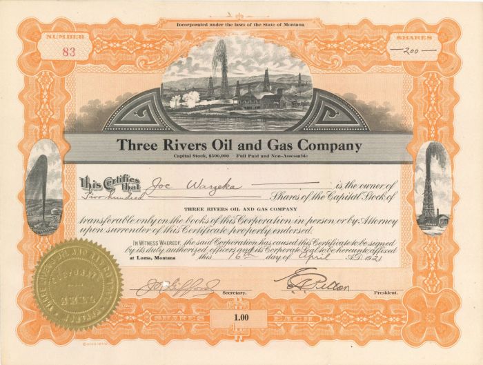 Three Rivers Oil and Gas Co. - Montana Oil Stock Certificate