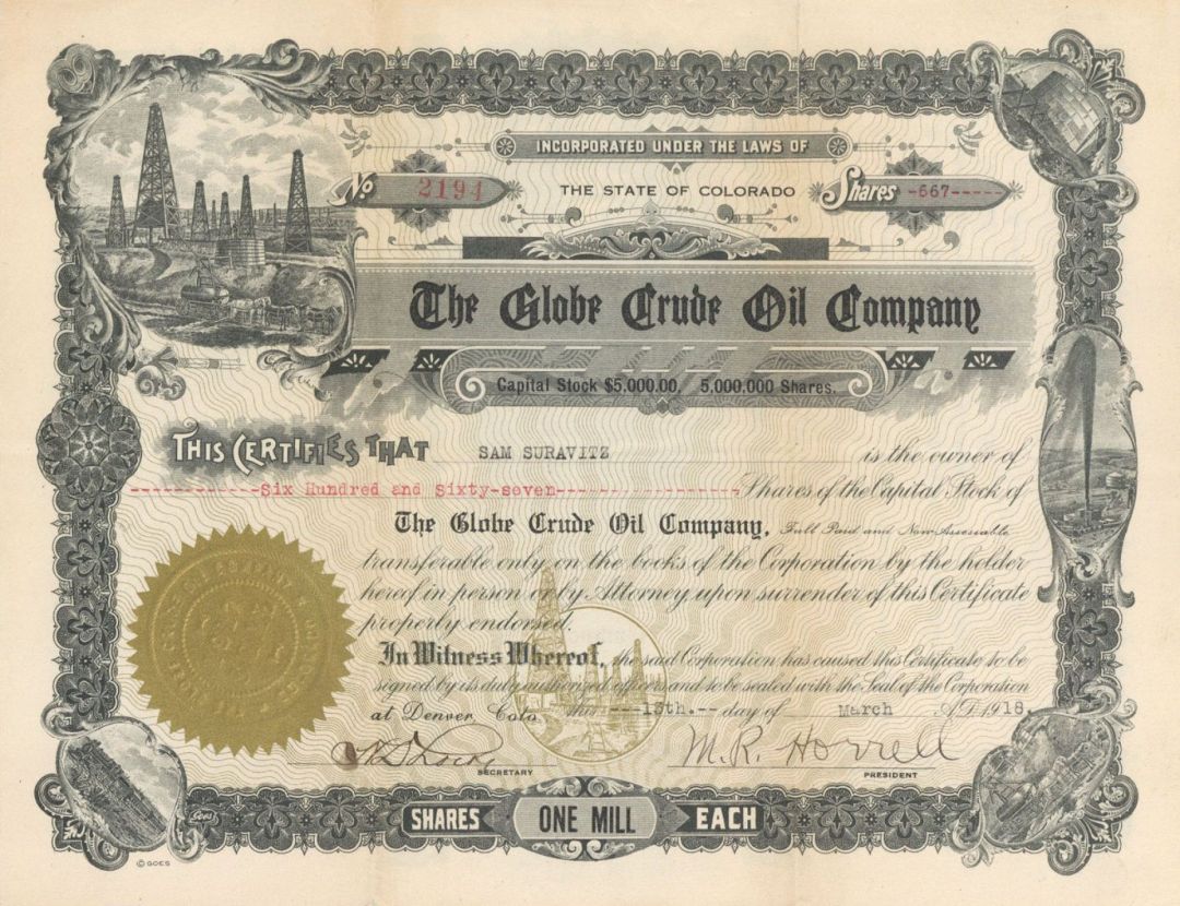 Globe Crude Oil Co. - 1918 dated Colorado Oil Stock Certificate