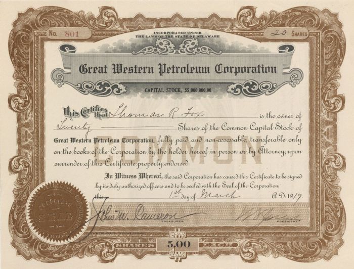 Great Western Petroleum Corporation - Stock Certificate