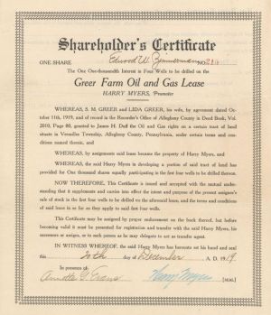Greer Farm Oil and Gas Lease - Stock Certificate