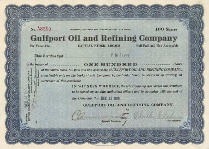 Gulfport Oil and Refining Co. - Stock Certificate
