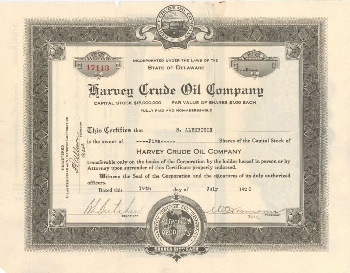 Harvey Crude Oil Co. - Stock Certificate