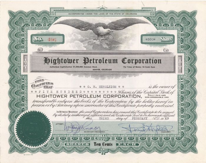 Hightower Petroleum Corporation- Stock Certificate