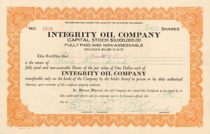 Integrity Oil Co. - Stock Certificate