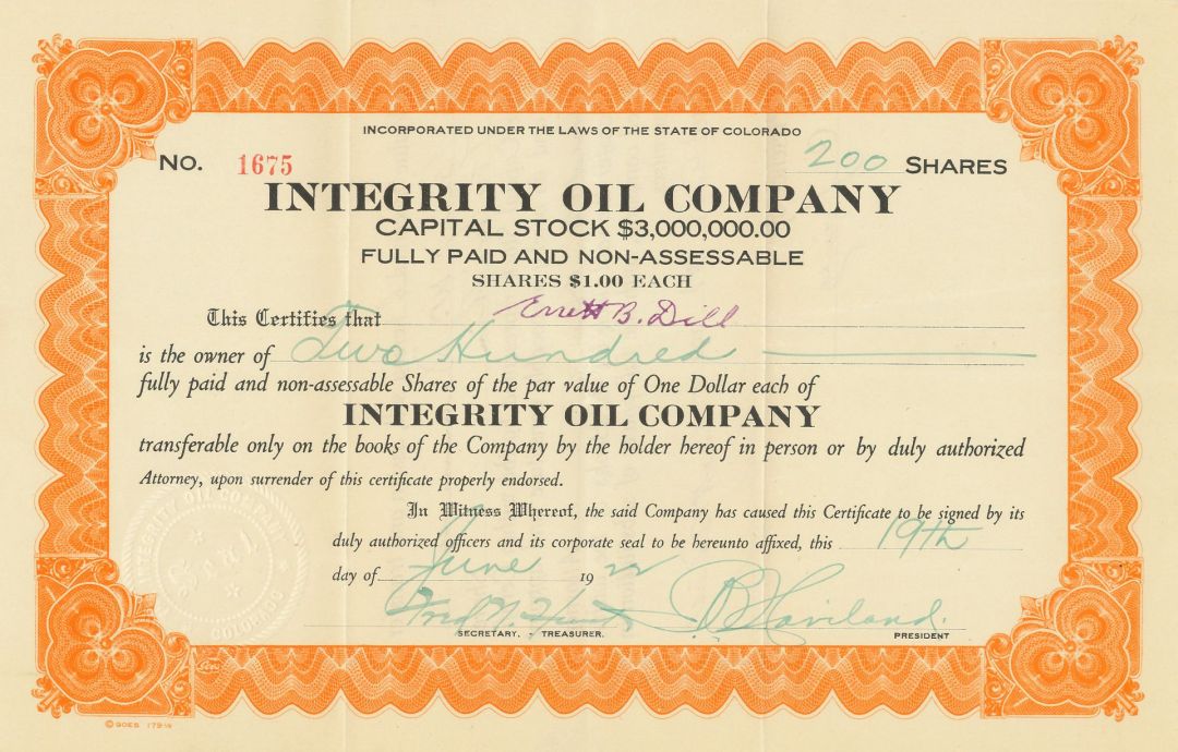 Integrity Oil Co. - Stock Certificate