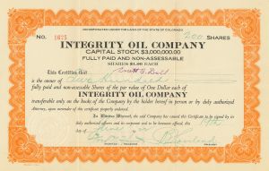Integrity Oil Co. - Stock Certificate