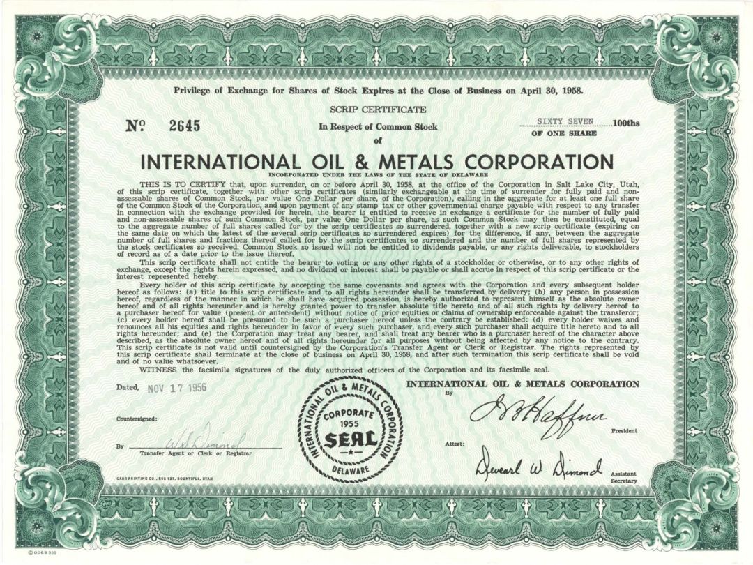 International Oil and Metals Corporation - 1956 dated Commodities Stock Certificate