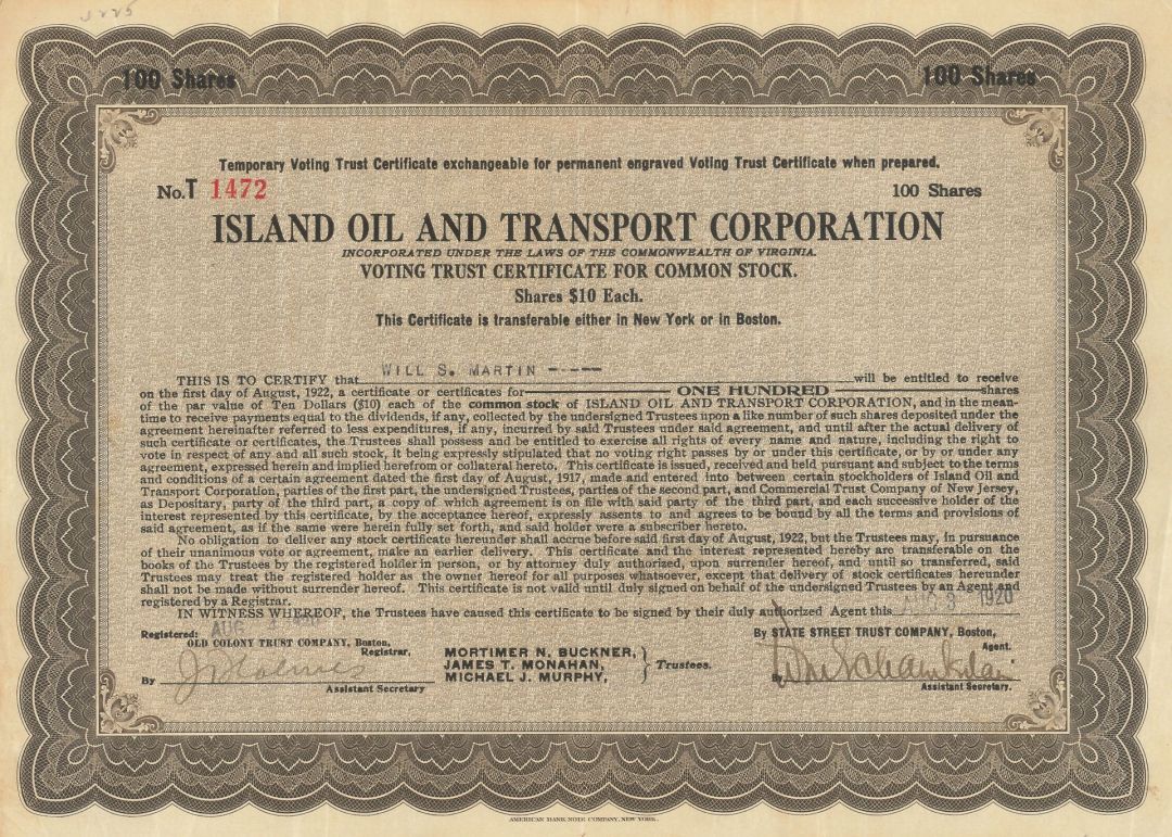 Island Oil and Transport Corp. - 1919-1922 dated Stock Certificate