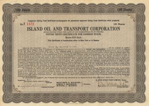 Island Oil and Transport Corp. - 1919-1922 dated Stock Certificate