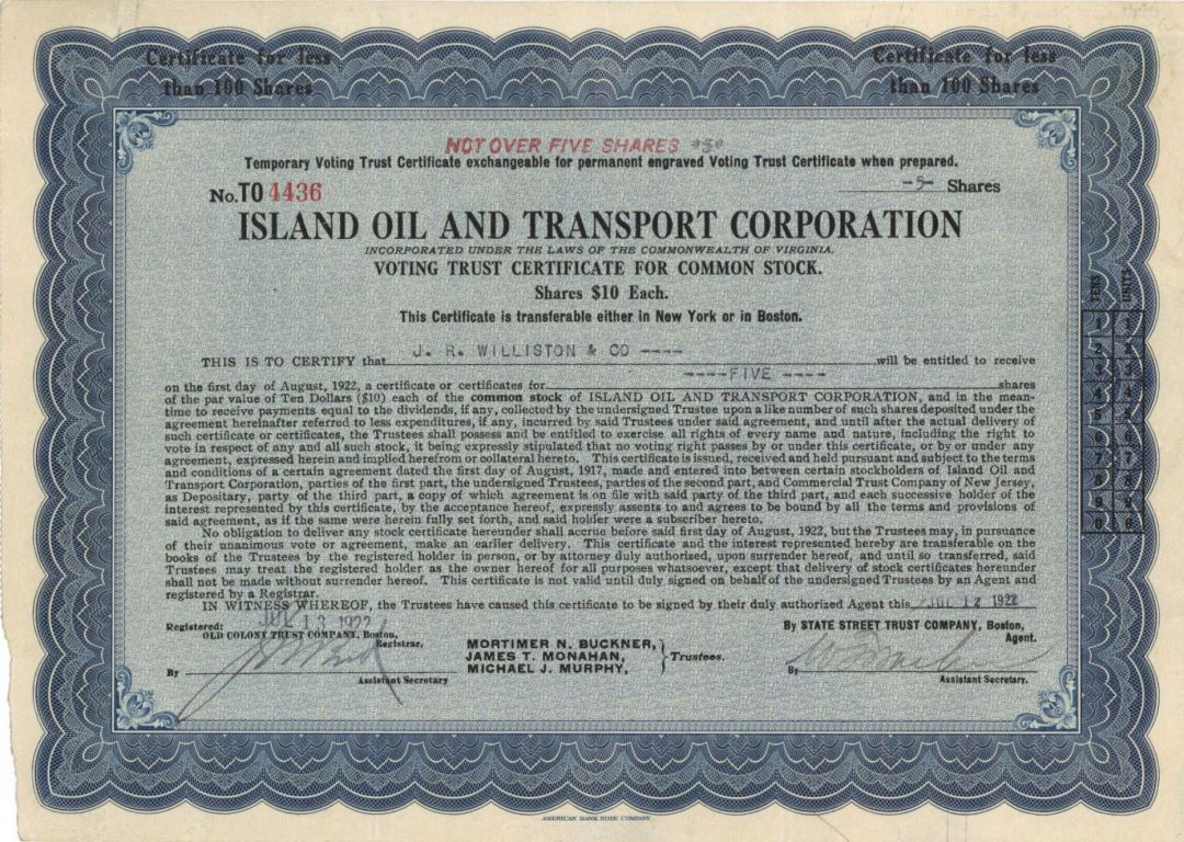 Island Oil and Transport Corporation - Stock Certificate
