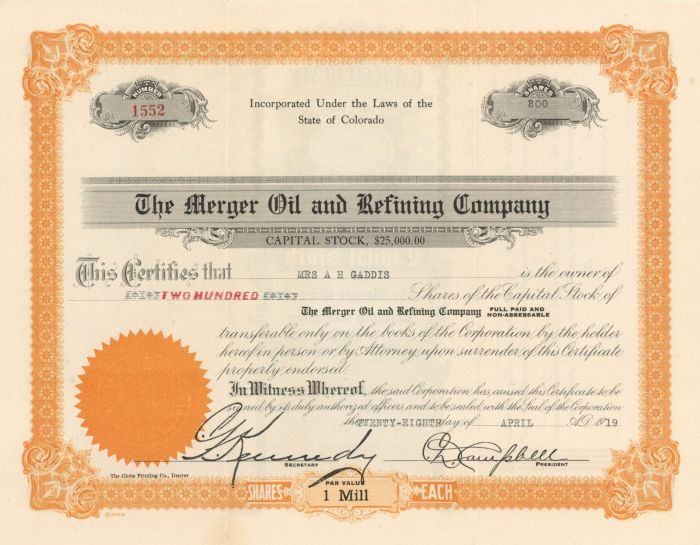 Merger Oil and Refining Co. - Stock Certificate
