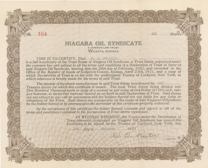 Niagara Oil Syndicate - Stock Certificate