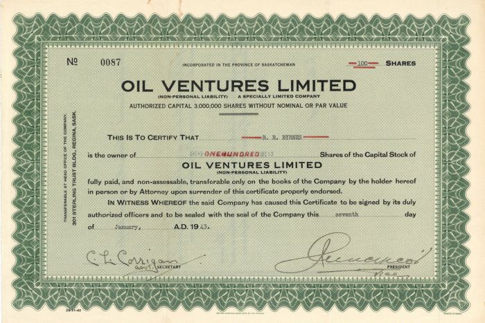 Oil Ventures Limited - Stock Certificate