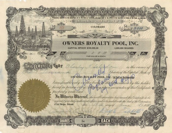 Owners Royalty Pool, Inc. - Stock Certificate