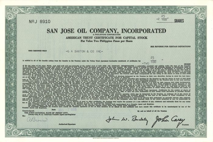 San Jose Oil Co., Incorporated - Stock Certificate