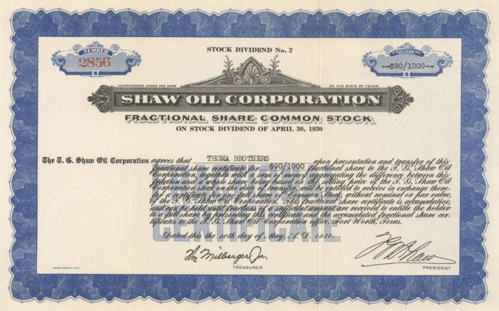 Shaw Oil Corporation - Stock Certificate