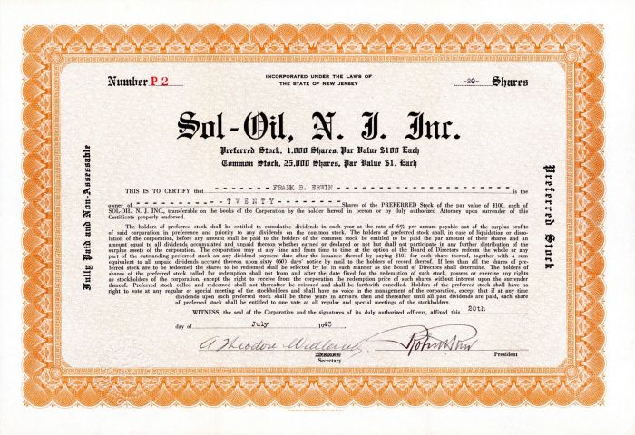 Sol-Oil, N. J. Inc. - Stock Certificate