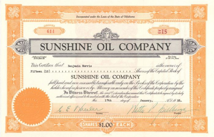 Sunshine Oil Co. - Stock Certificate