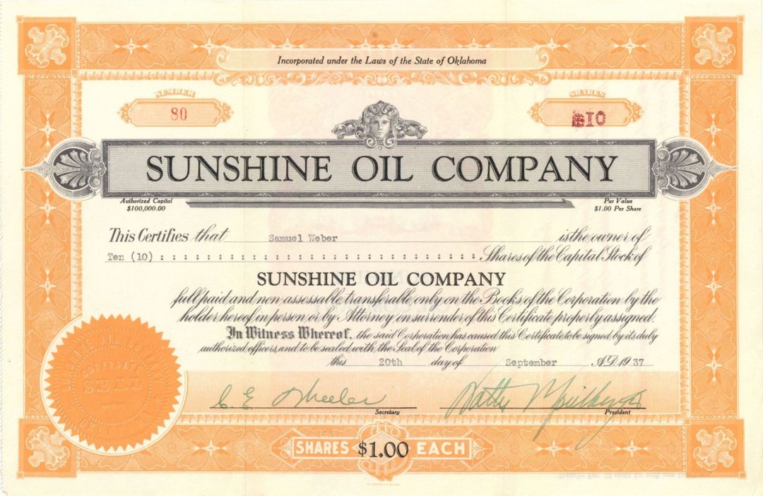 Sunshine Oil Co. - 1937 or 1938 dated Stock Certificate