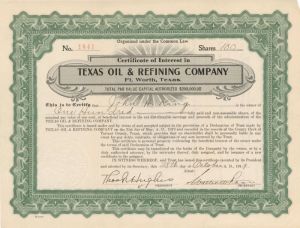 Texas Oil and Refining Co. - Stock Certificate